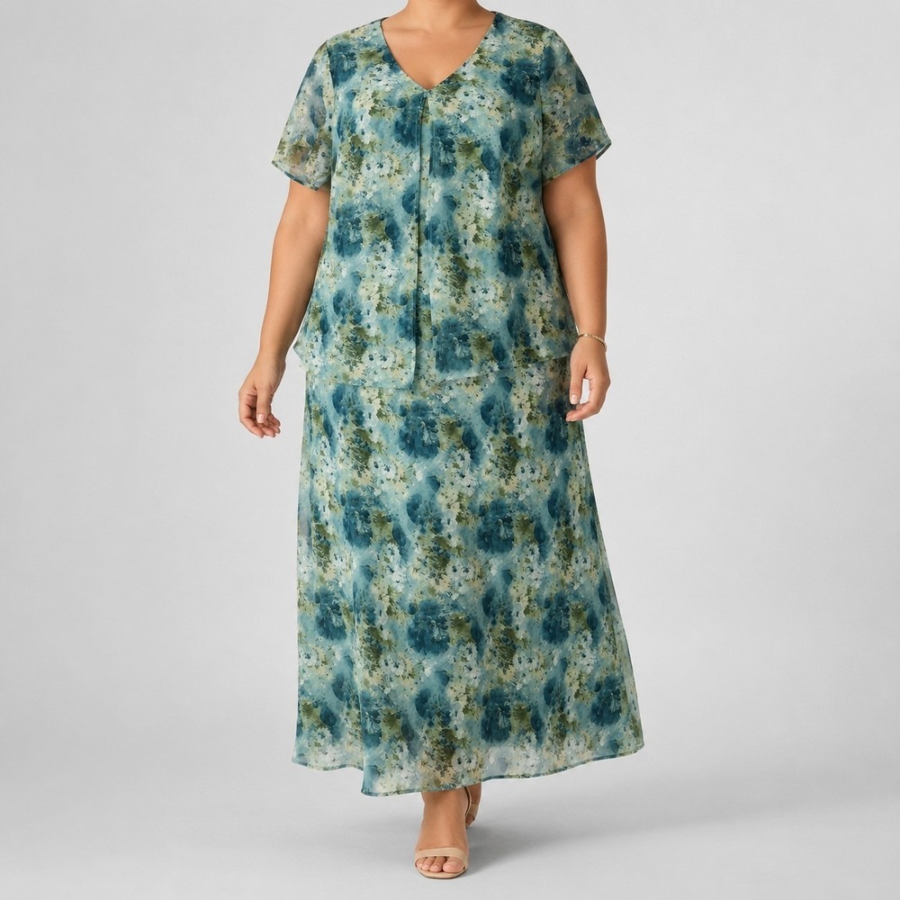 Vintage CONNECTED Size 16W Watercolor Floral Short Sleeve Layered Maxi Dress